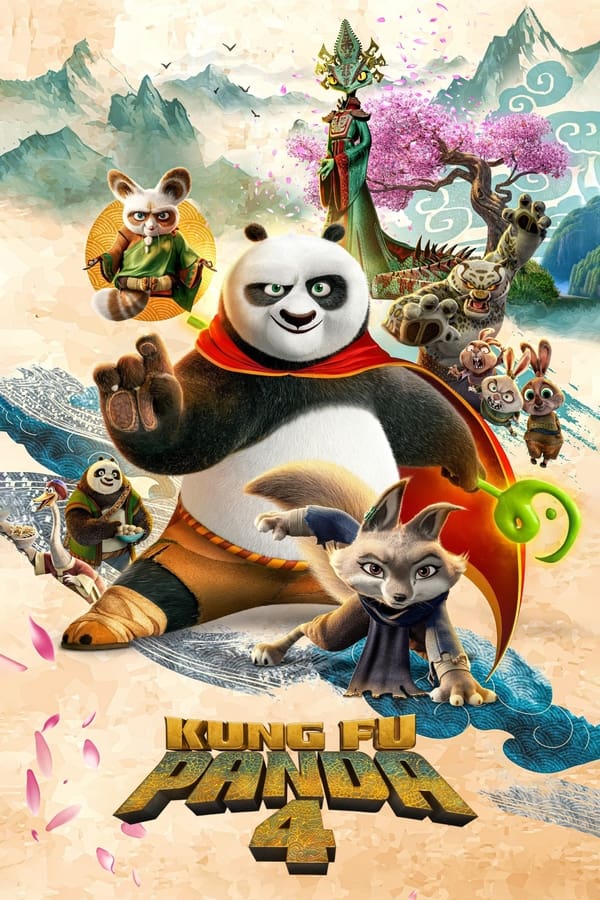 Kleurrijke illustratie met de anime personages uit "Kung Fu Panda" in een Aziatische fantasie-achtige omgeving, trefwoorden: Beste IPTV kanalen voor geanimeerde films, IP TV Totaal voor de volledige Kung Fu Panda franchise.